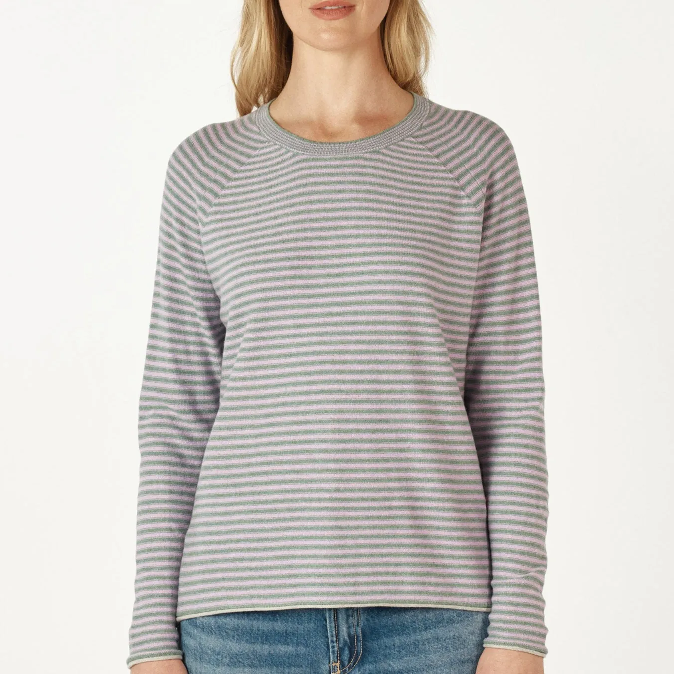 Essential Stripe Crew Jumper - Moss