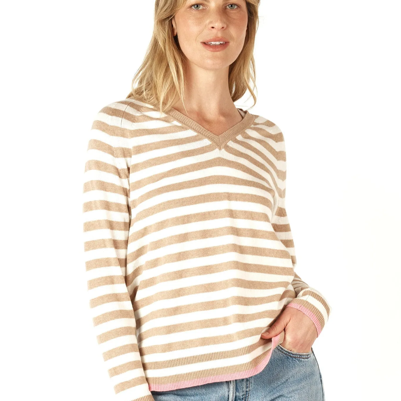 Essential Stripe Vee Top - Oat