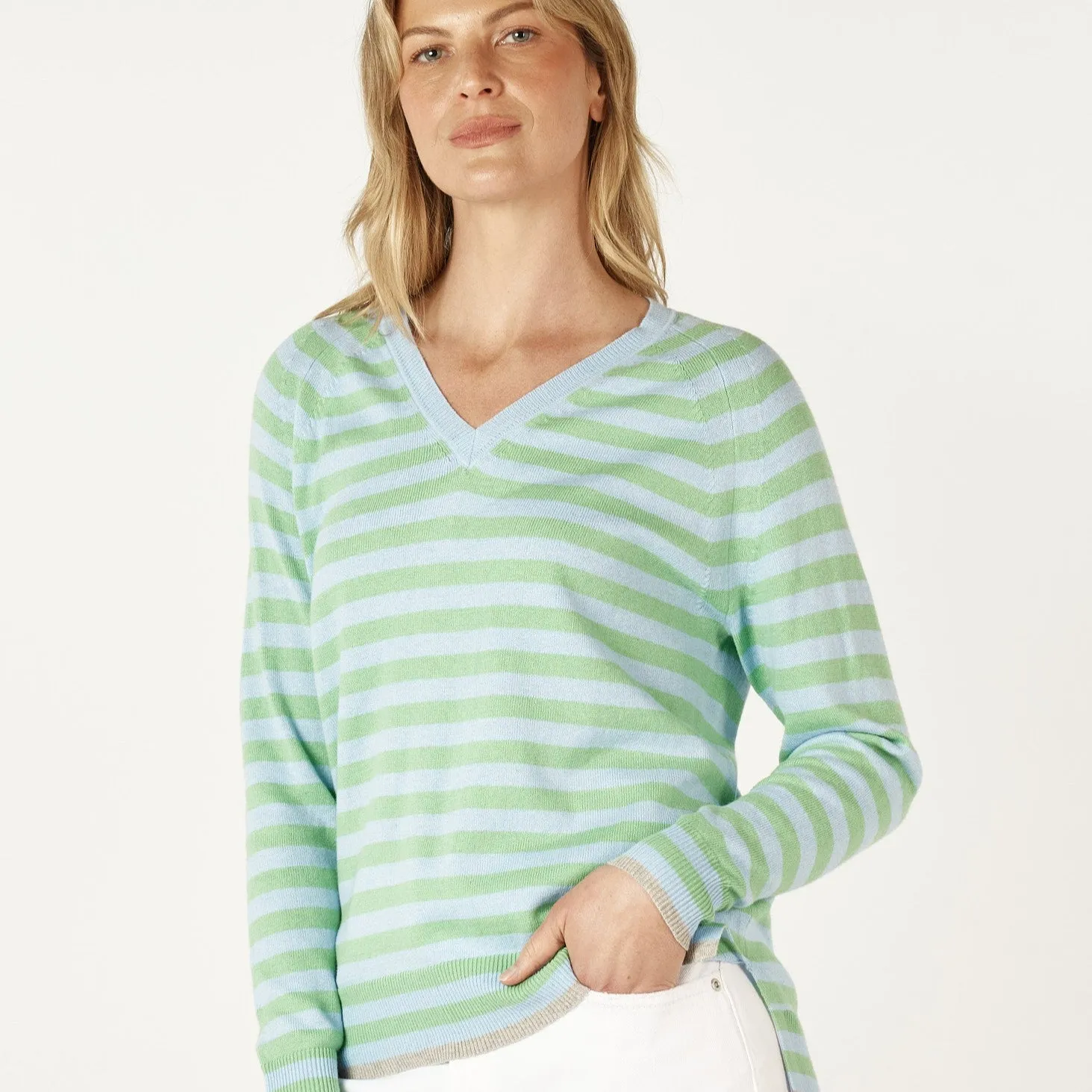 Essential Stripe Vee Top - Sky