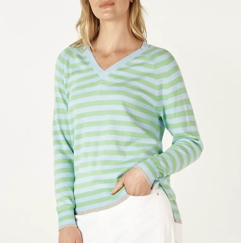 Essential Stripe Vee Top - Sky