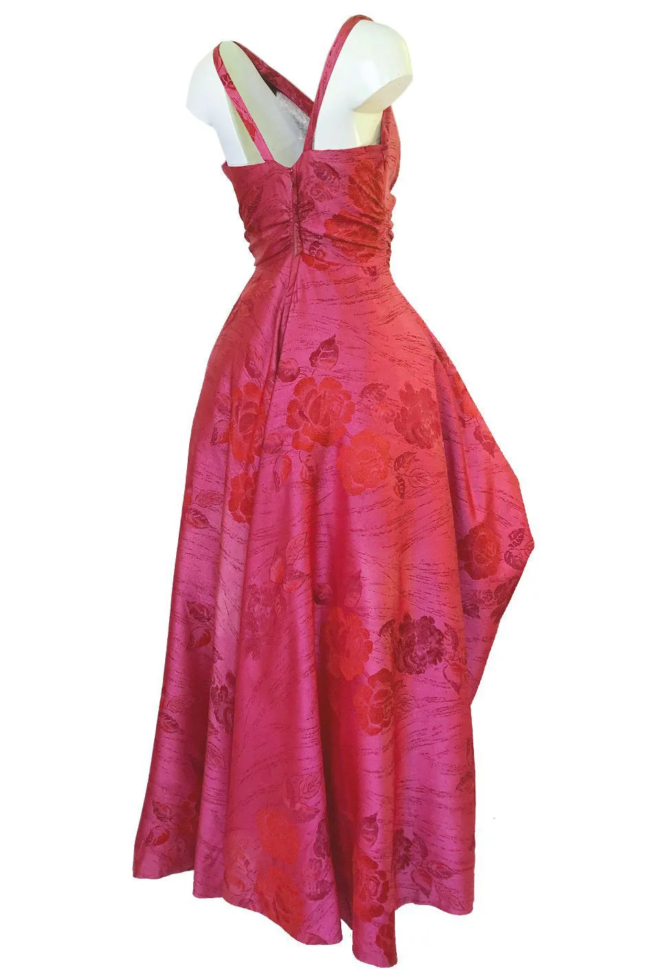 Extraordinary 1940s Dusky Pink Silk Draped Skirts Halter Dress w Crinoline