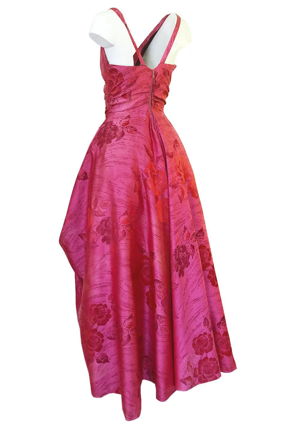 Extraordinary 1940s Dusky Pink Silk Draped Skirts Halter Dress w Crinoline