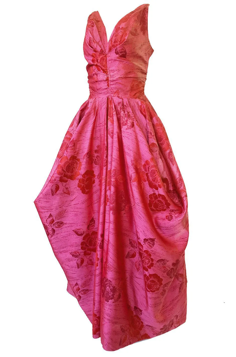 Extraordinary 1940s Dusky Pink Silk Draped Skirts Halter Dress w Crinoline