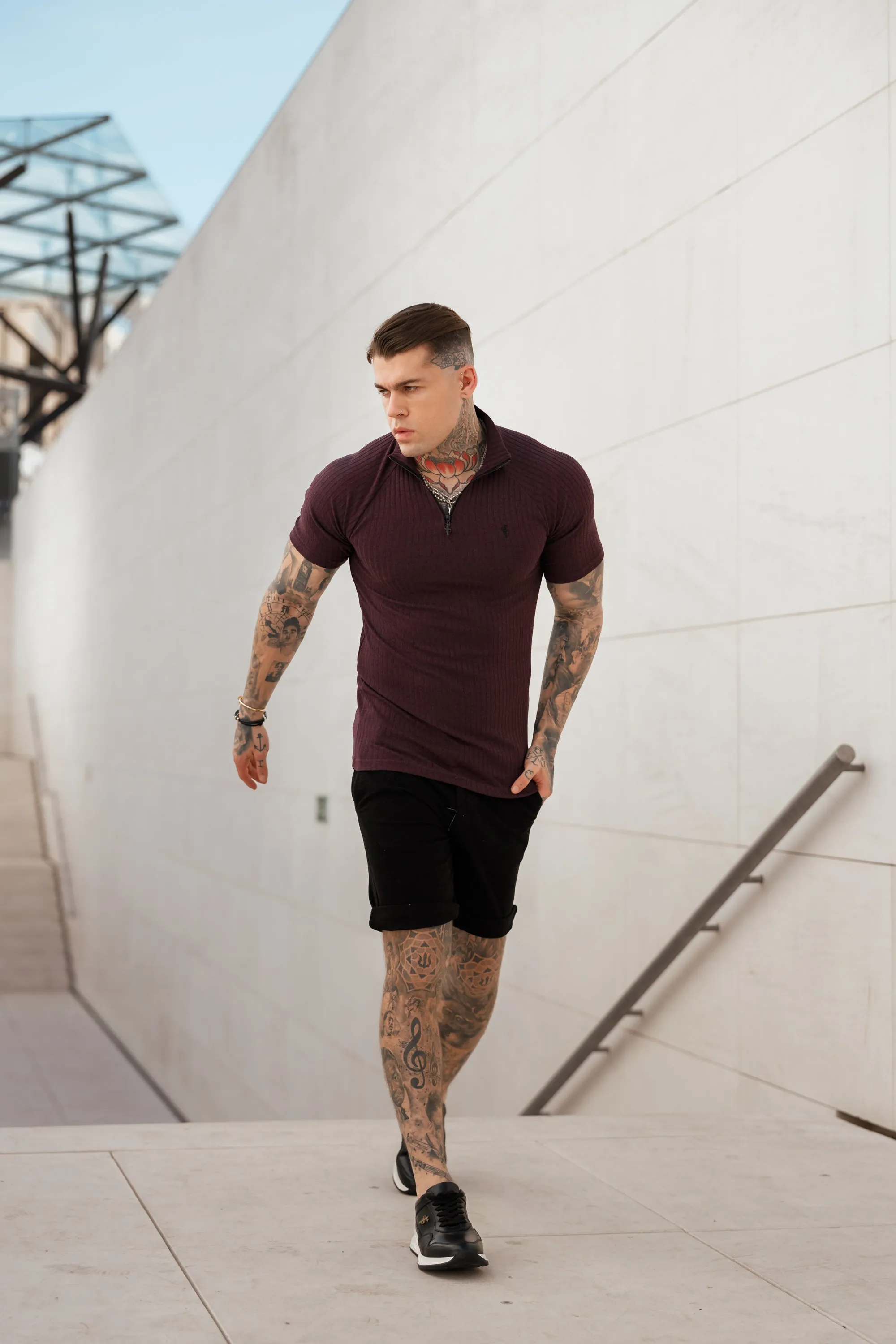 Father Sons Classic Plum Ribbed Zip Funnel Neck Raglan Short Sleeve Crew - FSH732