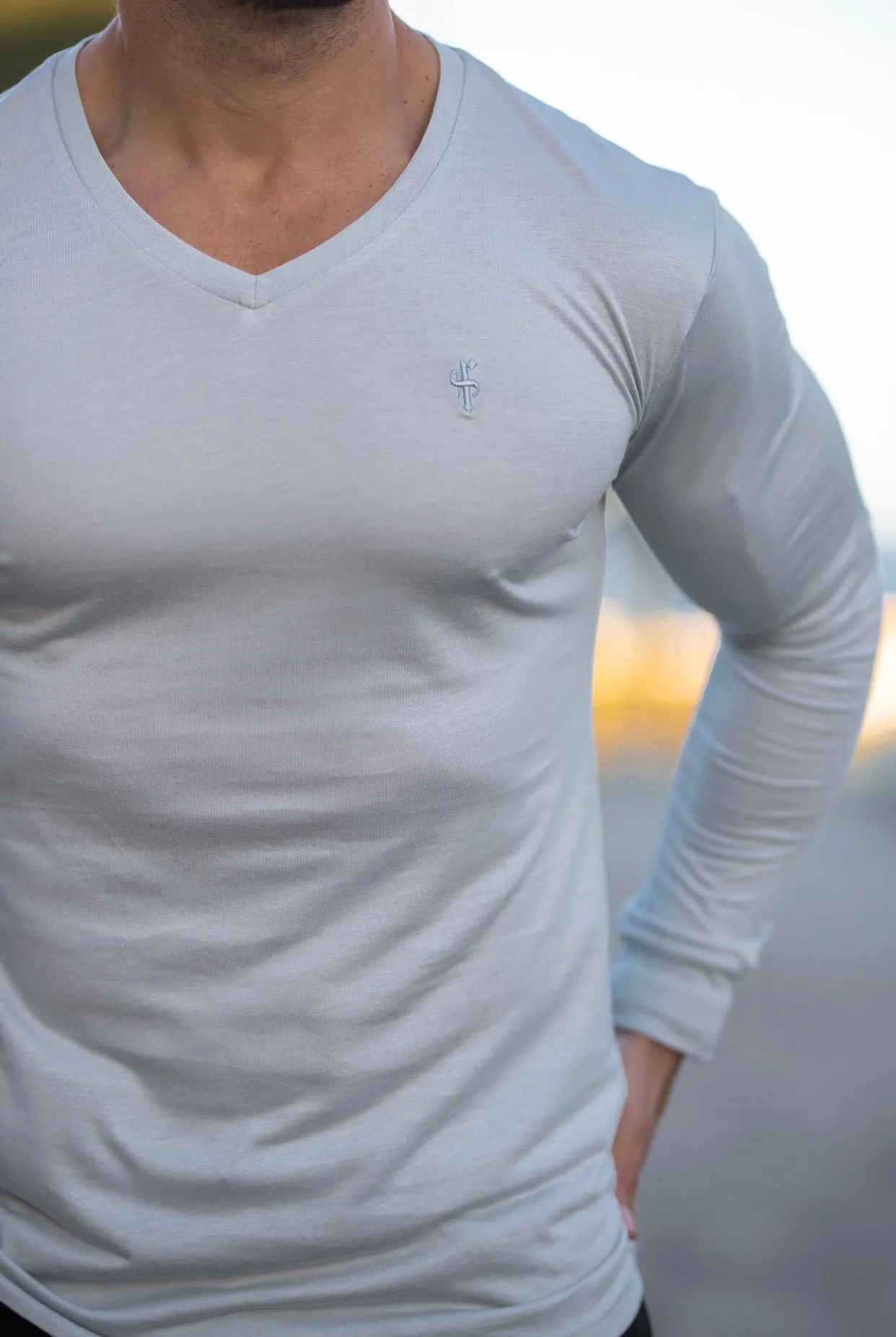 Father Sons Light Grey Bamboo V Neck Crew Long Sleeve - FSH588