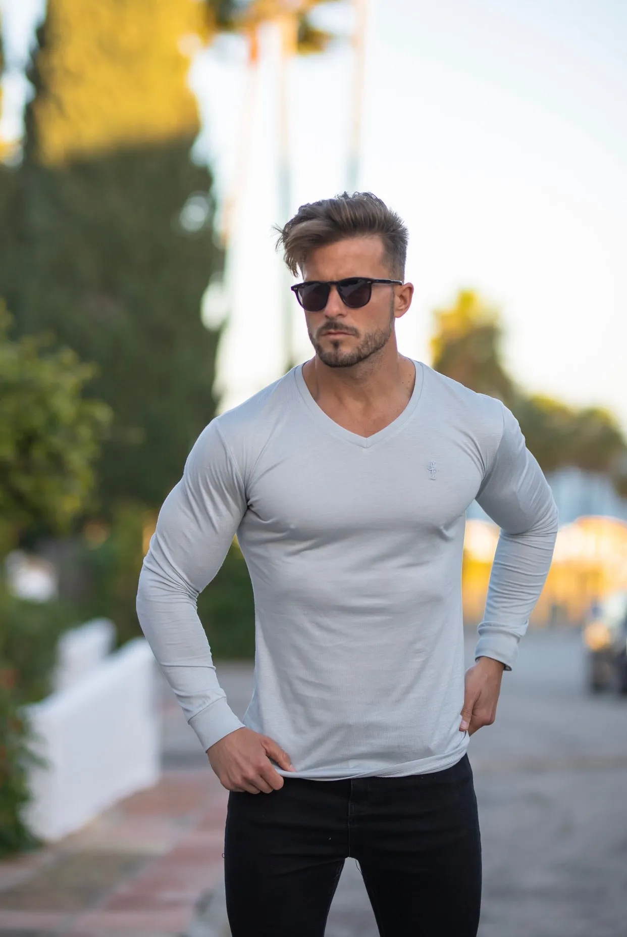 Father Sons Light Grey Bamboo V Neck Crew Long Sleeve - FSH588