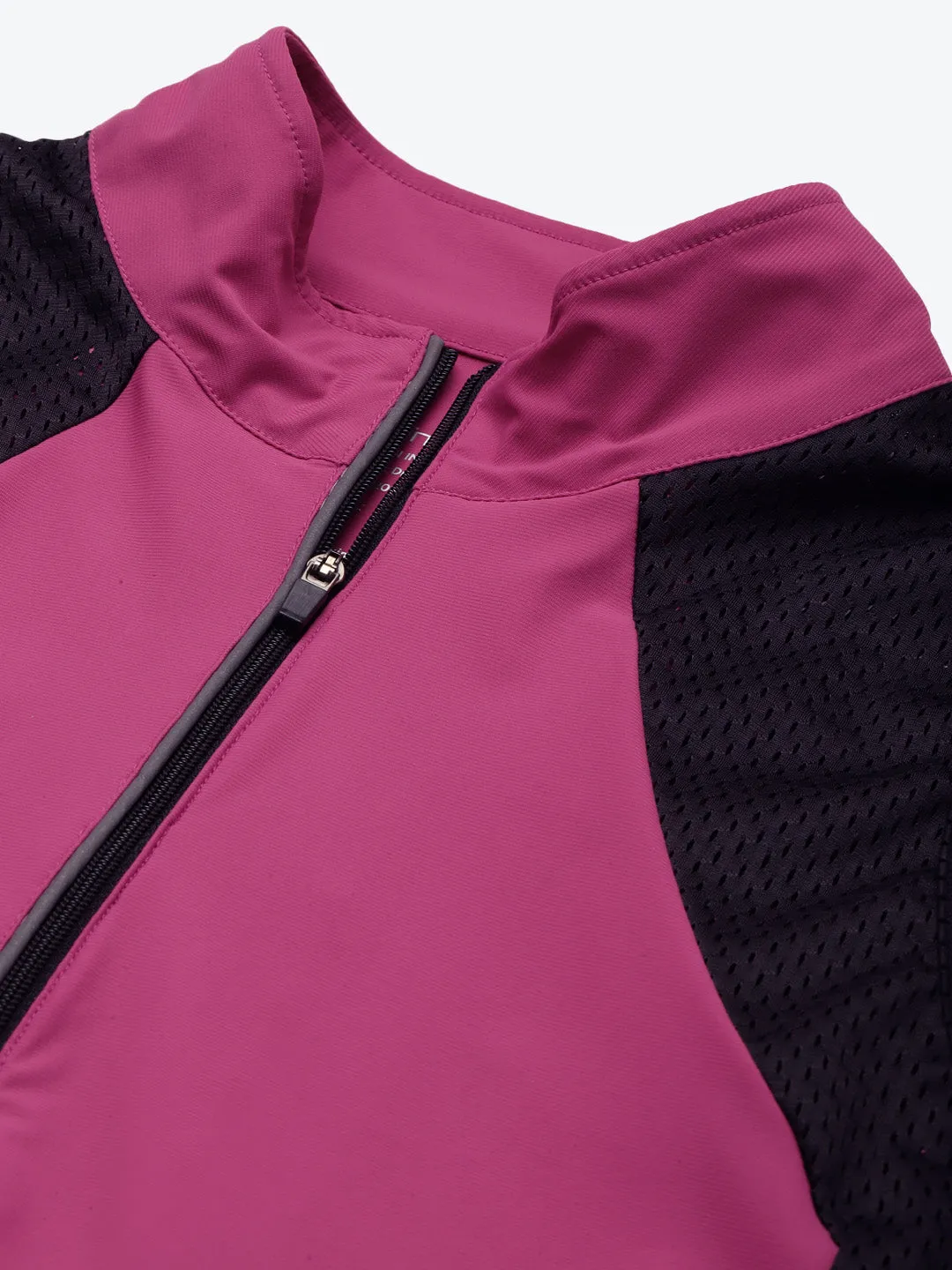 Fitkin Women Plum & Black Colourblocked High Neck T-shirt