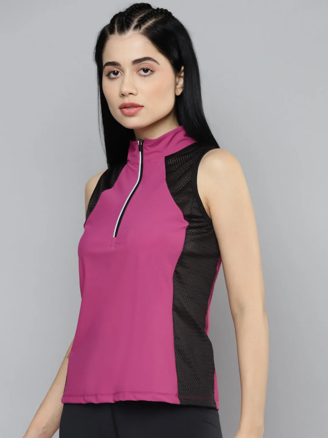 Fitkin Women Plum & Black Colourblocked High Neck T-shirt