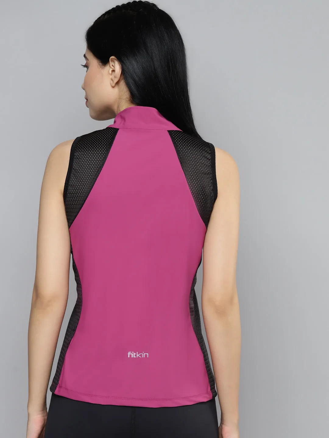 Fitkin Women Plum & Black Colourblocked High Neck T-shirt