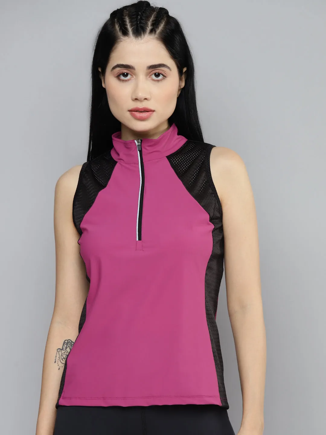 Fitkin Women Plum & Black Colourblocked High Neck T-shirt