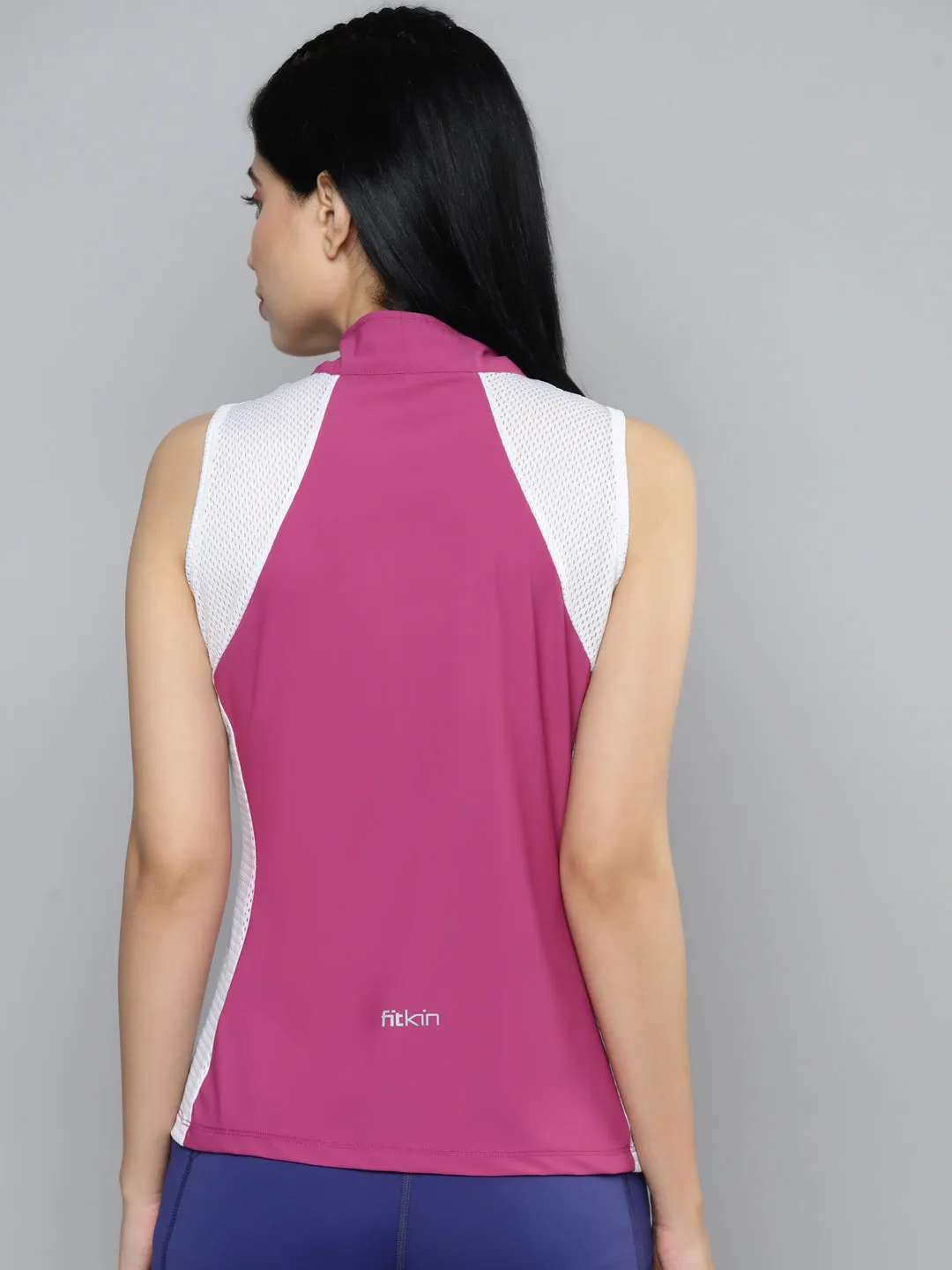 Fitkin Women Plum & White Colourblocked High Neck T-shirt
