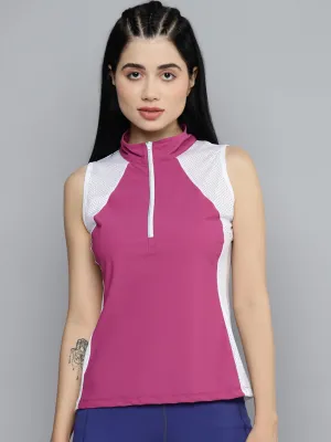 Fitkin Women Plum & White Colourblocked High Neck T-shirt