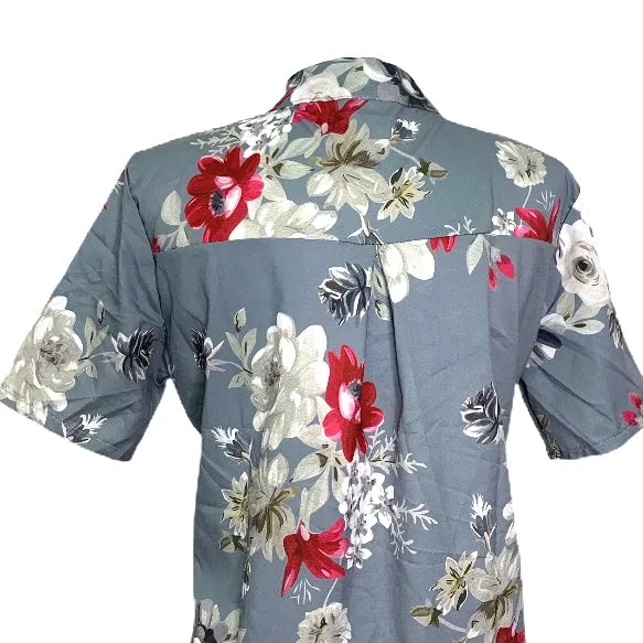 Floral Top Gray Casual Stand Collar Short Sleeve Size L Women's Blouse