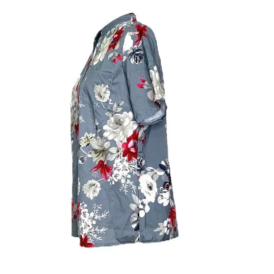 Floral Top Gray Casual Stand Collar Short Sleeve Size L Women's Blouse