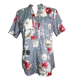 Floral Top Gray Casual Stand Collar Short Sleeve Size L Women's Blouse
