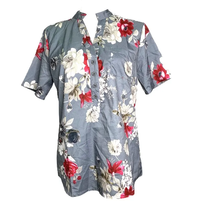 Floral Top Gray Casual Stand Collar Short Sleeve Size L Women's Blouse