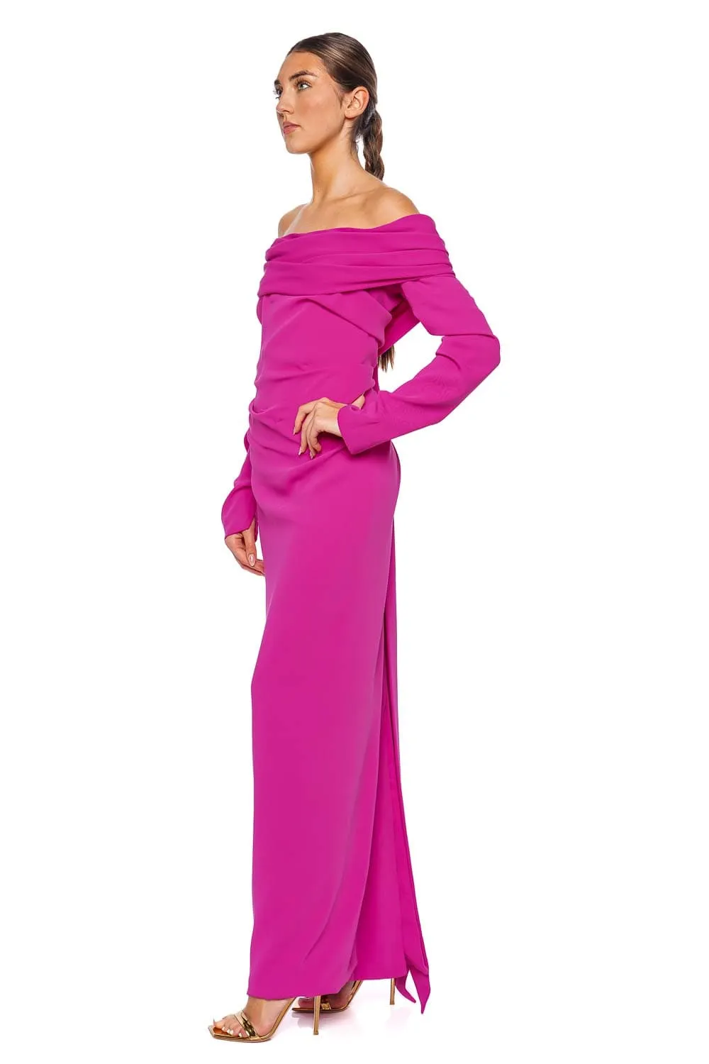 Fuchsia Long Sleeve Draped Crepe Gown