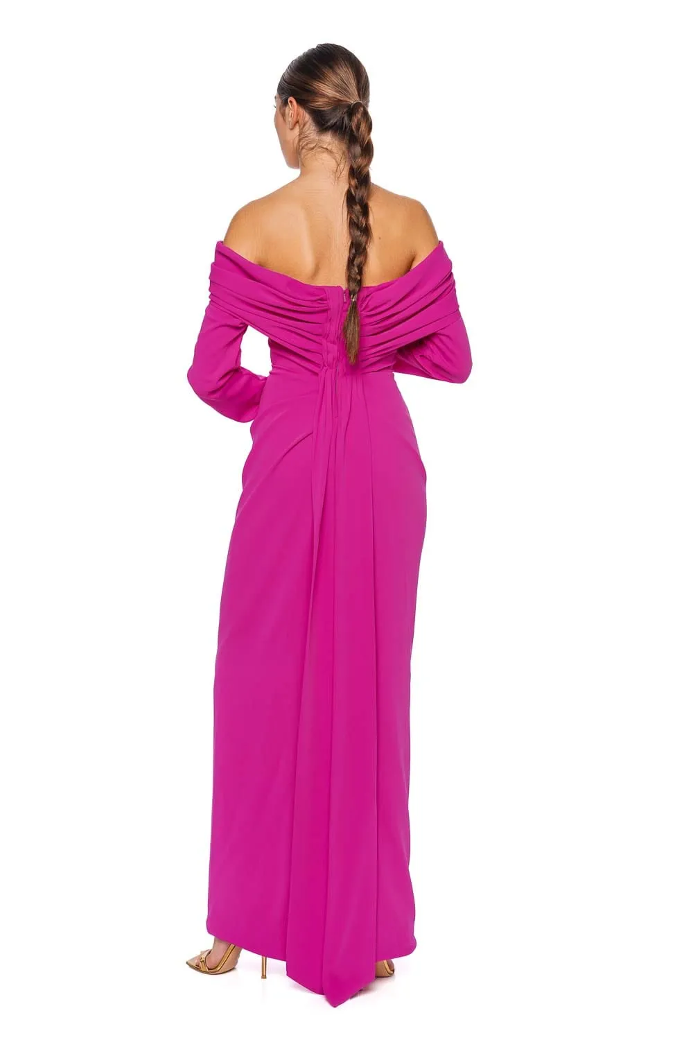 Fuchsia Long Sleeve Draped Crepe Gown