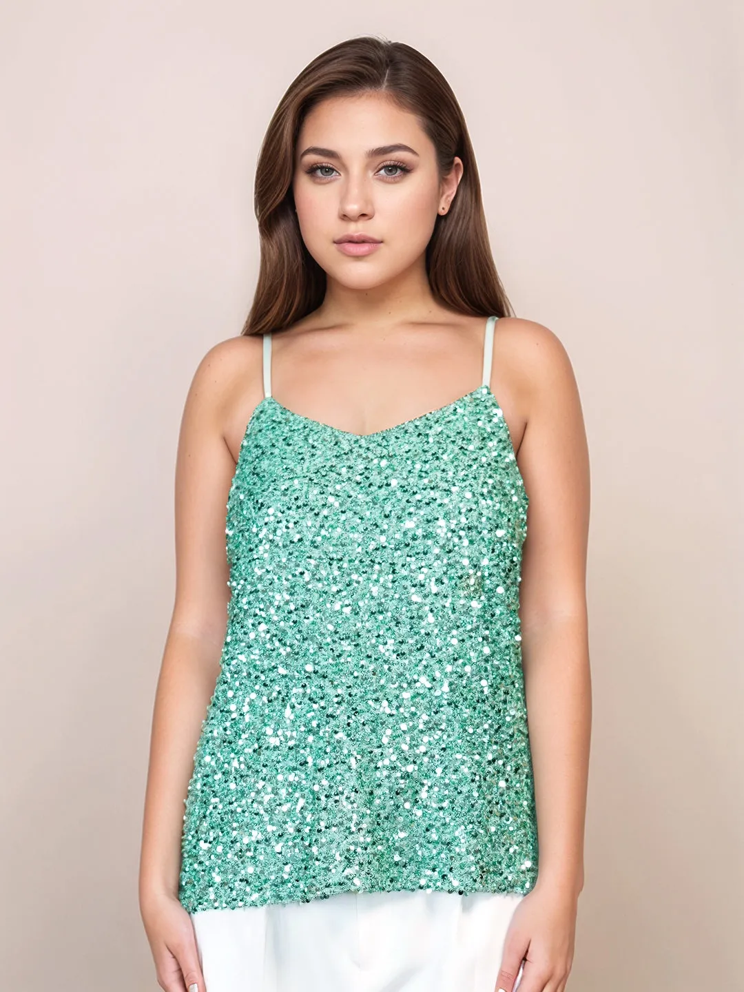 Green Sequinned Regular Fit Top