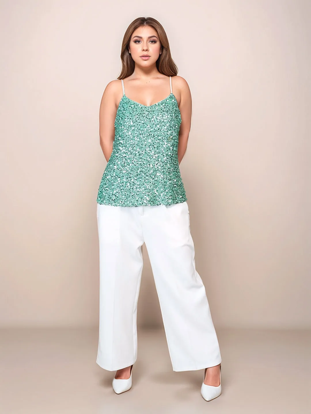 Green Sequinned Regular Fit Top