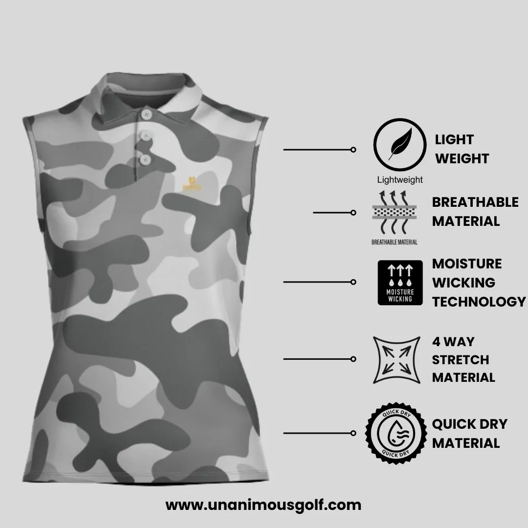 Grey Camo Sleeveless Golf Polo Shirt For Ladies