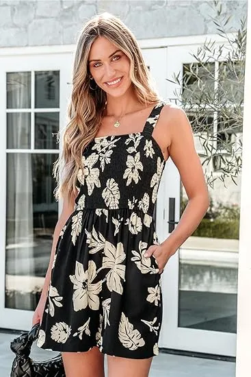 ⏰Hot Sale 49% Off💃Women's Summer Square Neck Sleeveless Loose Casual Short Smocked Romper