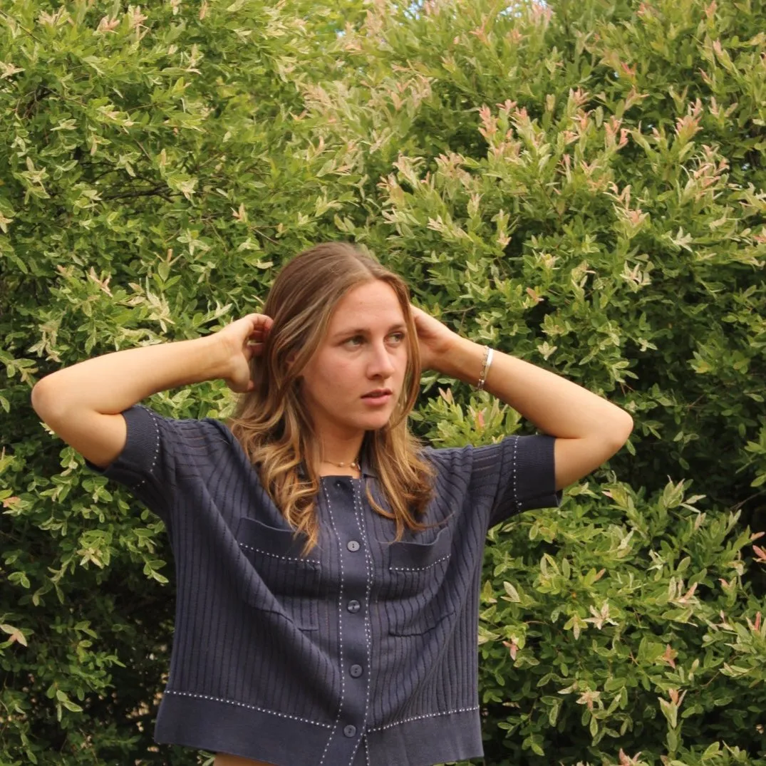 Ladder Stitch Stripe Cardigan - Blueberry/White