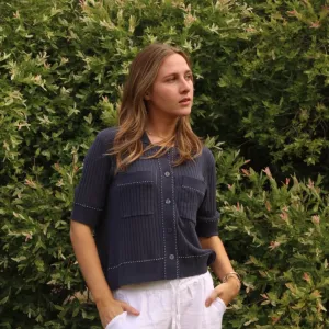 Ladder Stitch Stripe Cardigan - Blueberry/White