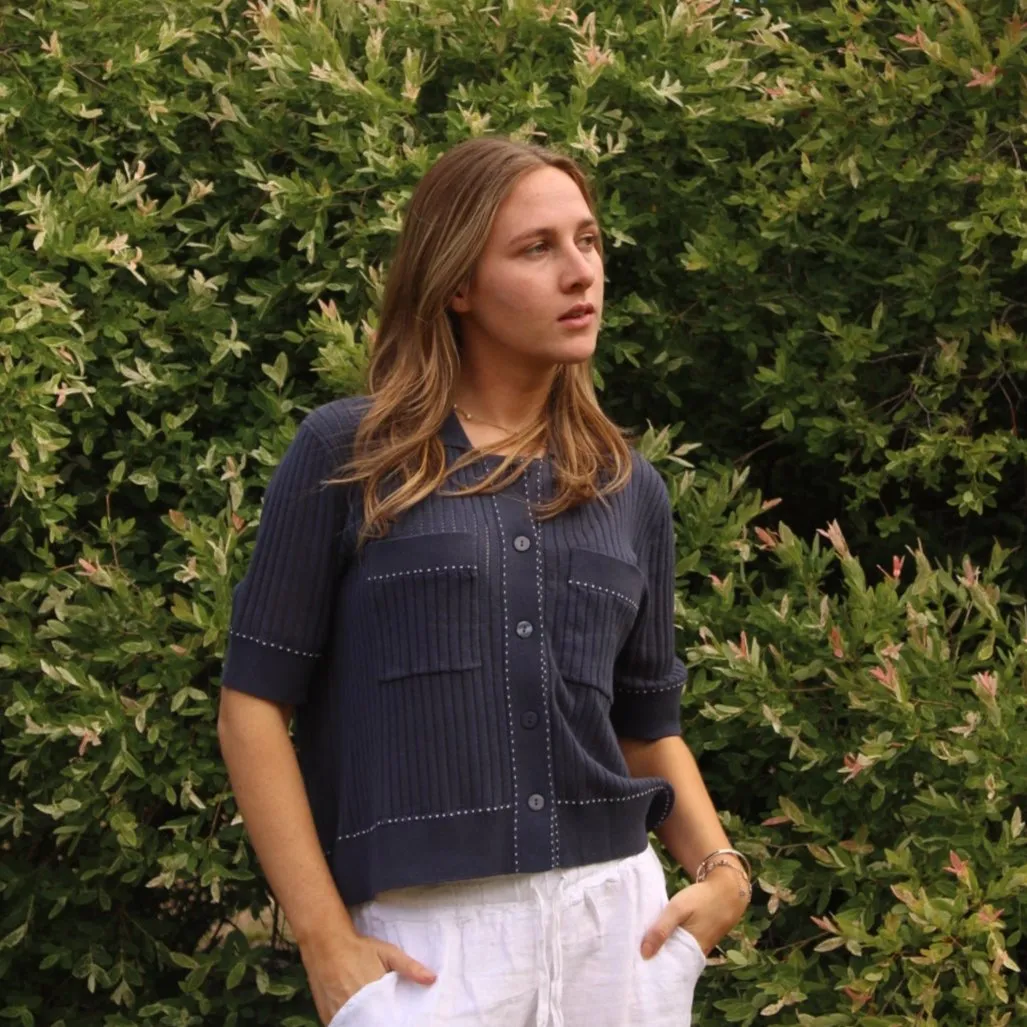 Ladder Stitch Stripe Cardigan - Blueberry/White