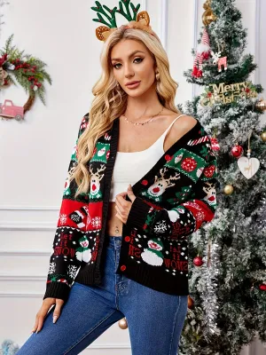 Long Sleeve Acrylic Blend Women's Christmas Sweater with V-Neck, Regular Length, Casual Holiday Knitwear