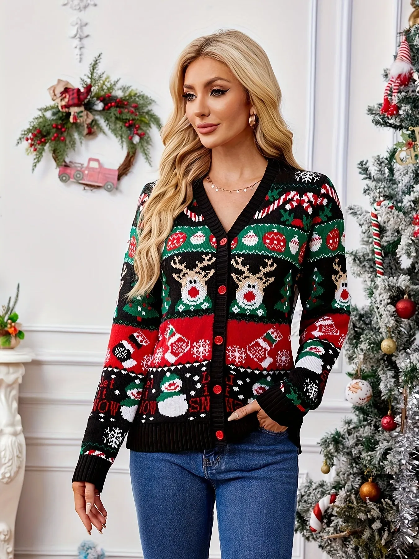 Long Sleeve Acrylic Blend Women's Christmas Sweater with V-Neck, Regular Length, Casual Holiday Knitwear