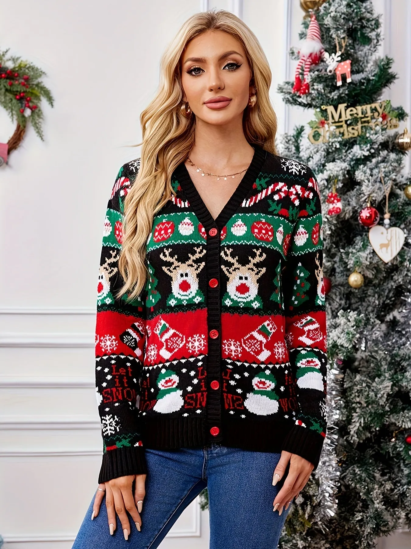 Long Sleeve Acrylic Blend Women's Christmas Sweater with V-Neck, Regular Length, Casual Holiday Knitwear