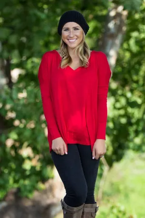Long Sleeve V-Neck Piko Top - Red