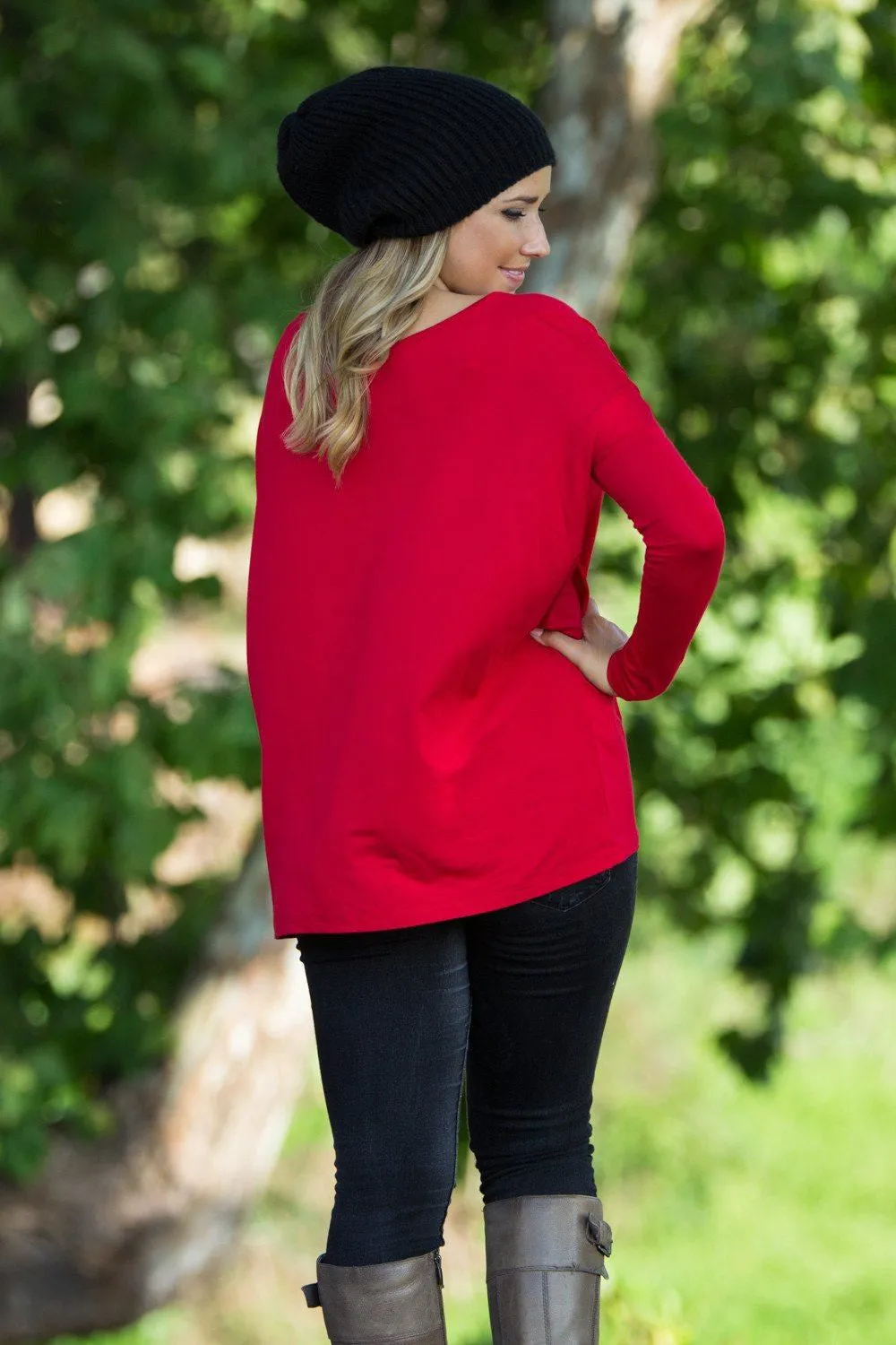 Long Sleeve V-Neck Piko Top - Red