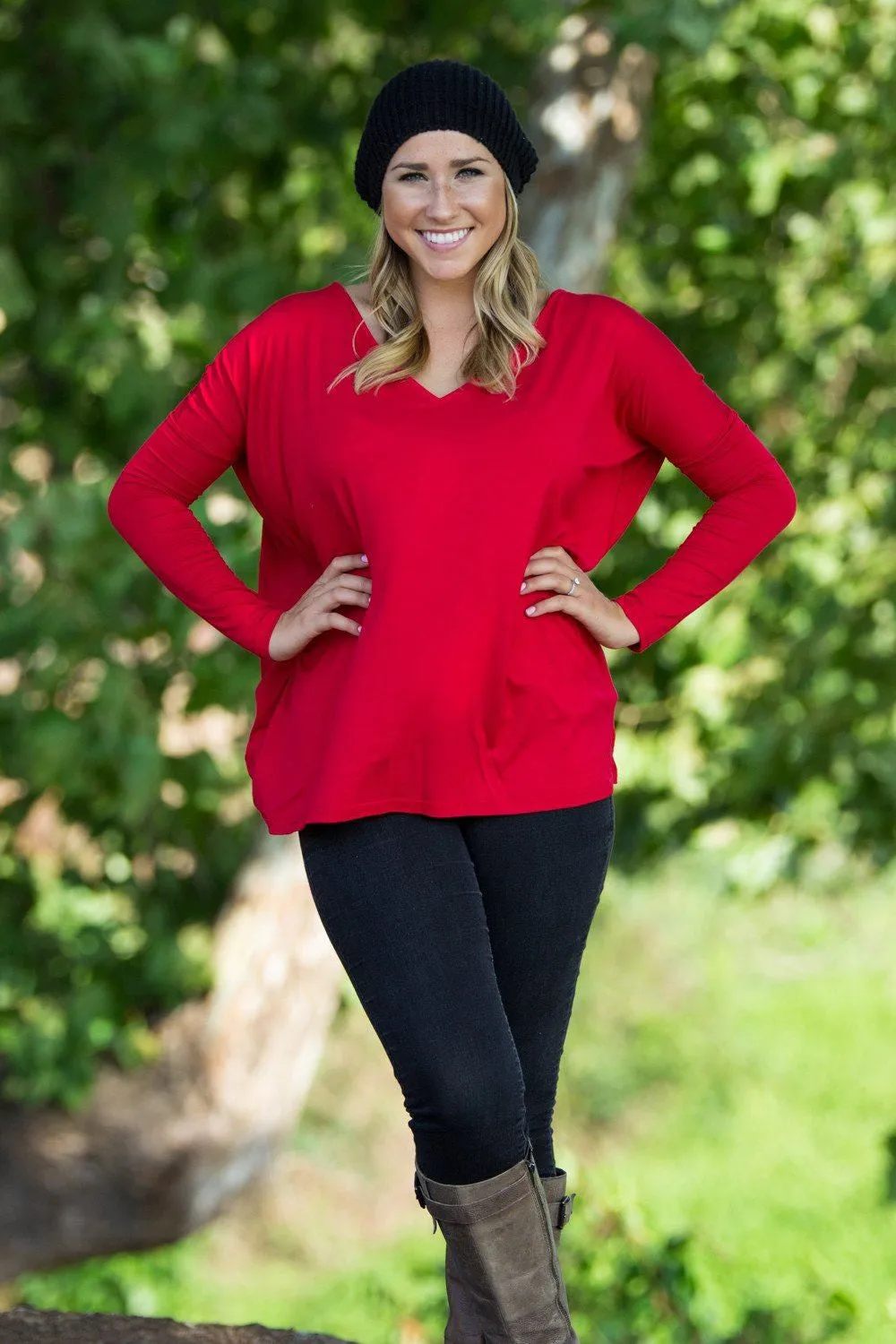 Long Sleeve V-Neck Piko Top - Red