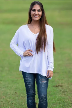 Long Sleeve V-Neck Piko Top - White