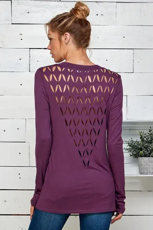 Long-Sleeved Cut-Out Back Top in Plum