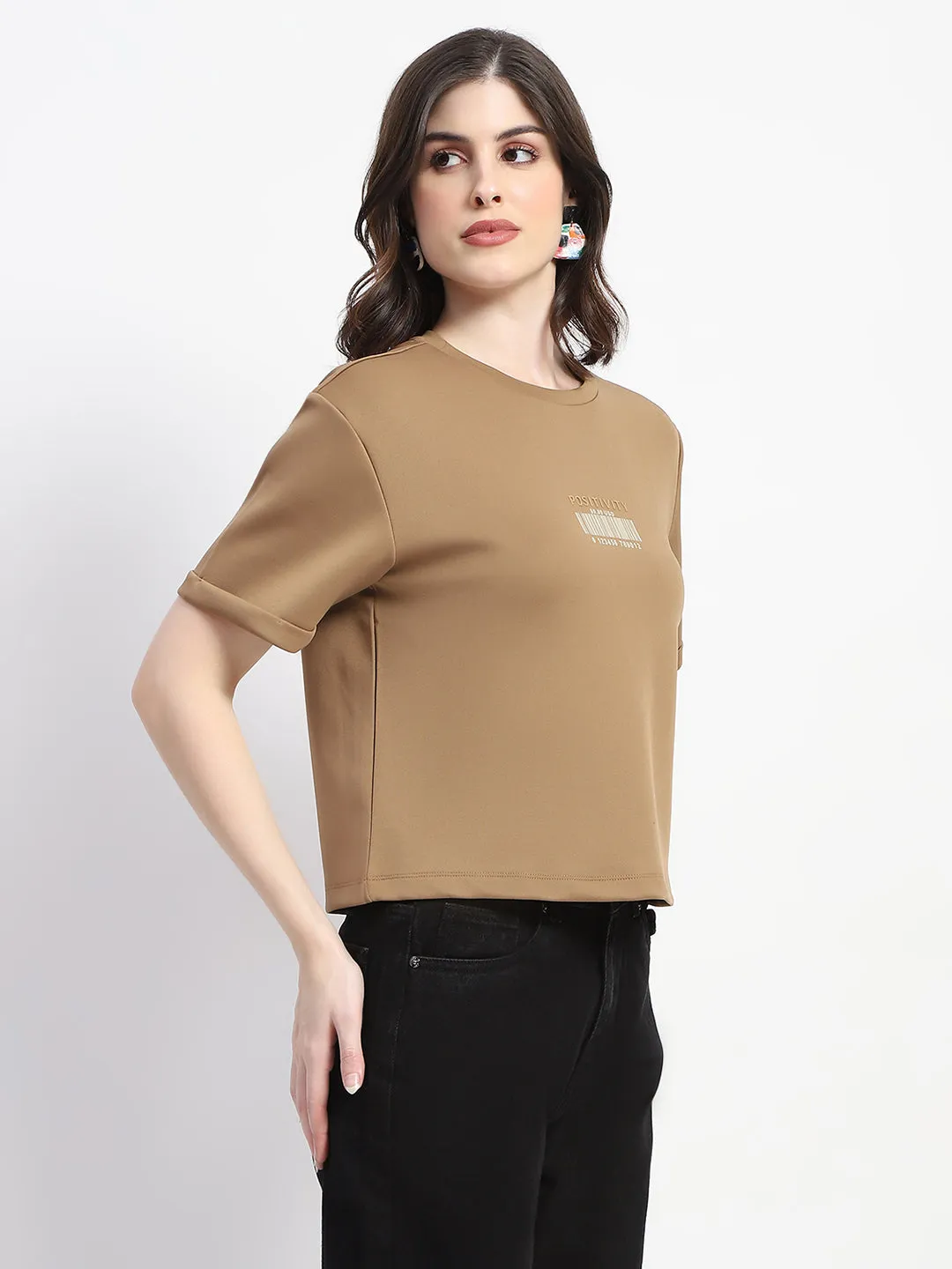 Madame Crew Neck Beige Crop T-Shirt