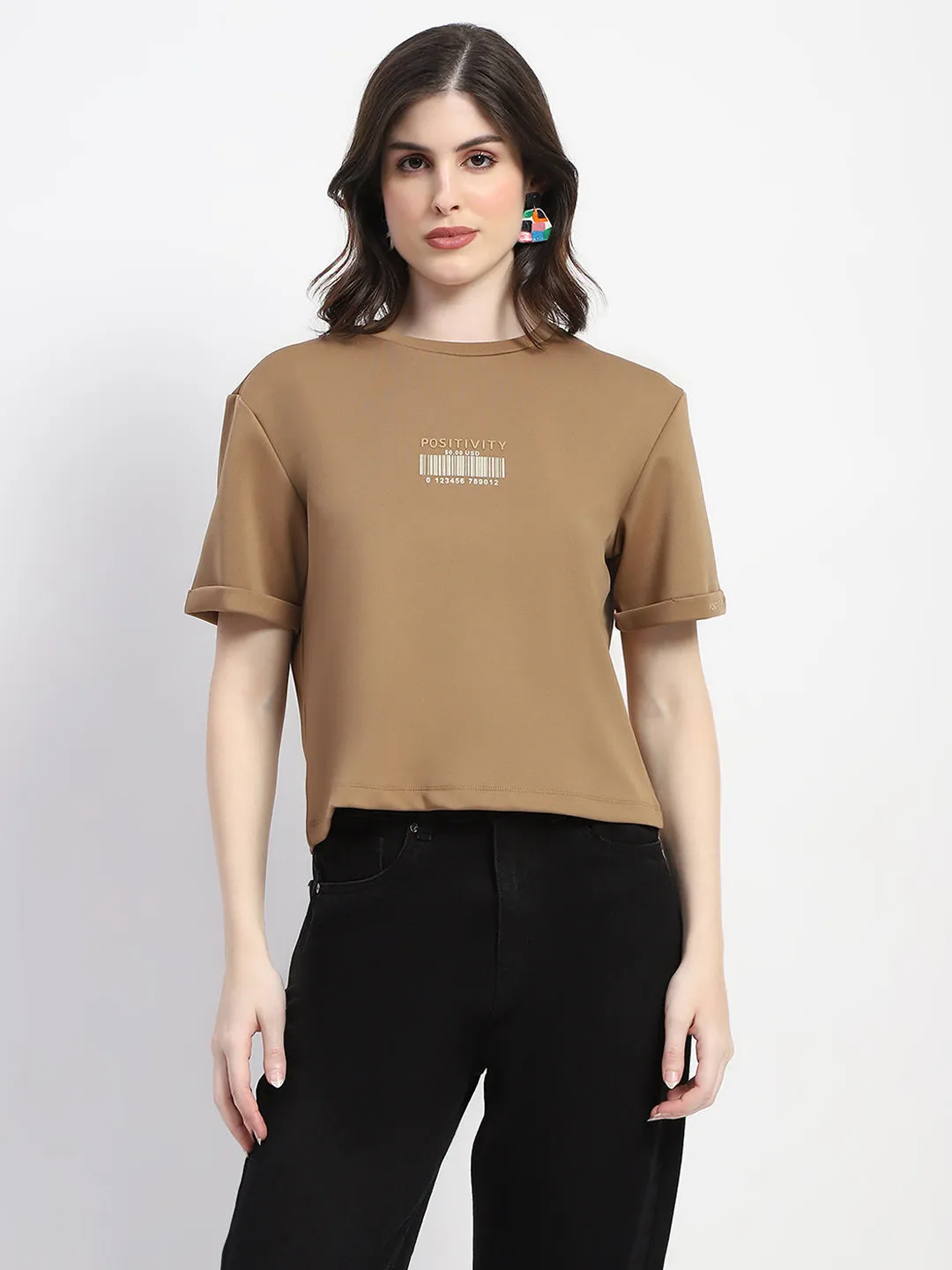 Madame Crew Neck Beige Crop T-Shirt