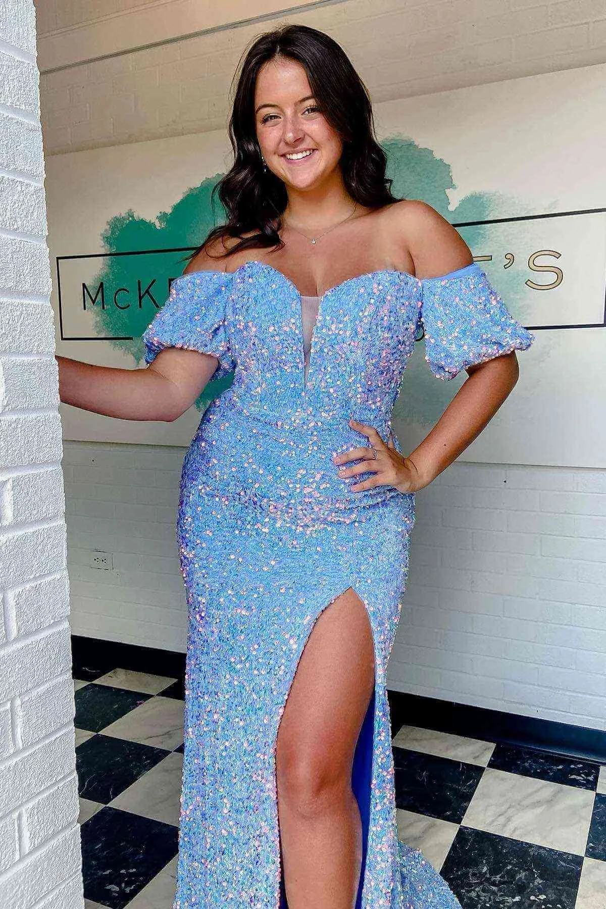 Mermaid Long Red Puff Sleeves Prom Dress Sparkly Sequined with Side Slit OK1957