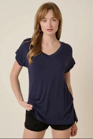 Navy Bamboo V-Neck Top