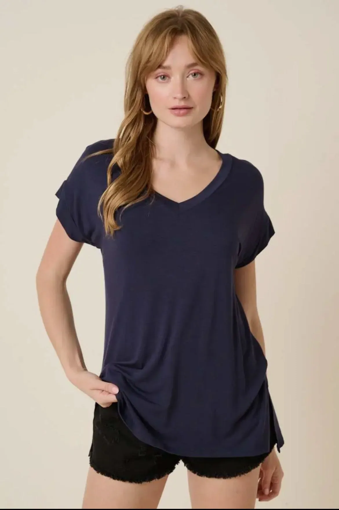Navy Bamboo V-Neck Top