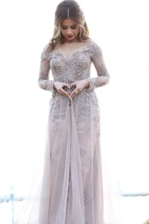 New Chic A line Off-the-shoulder Long Sleeves Tulle Appliques Prom Dresses OK991