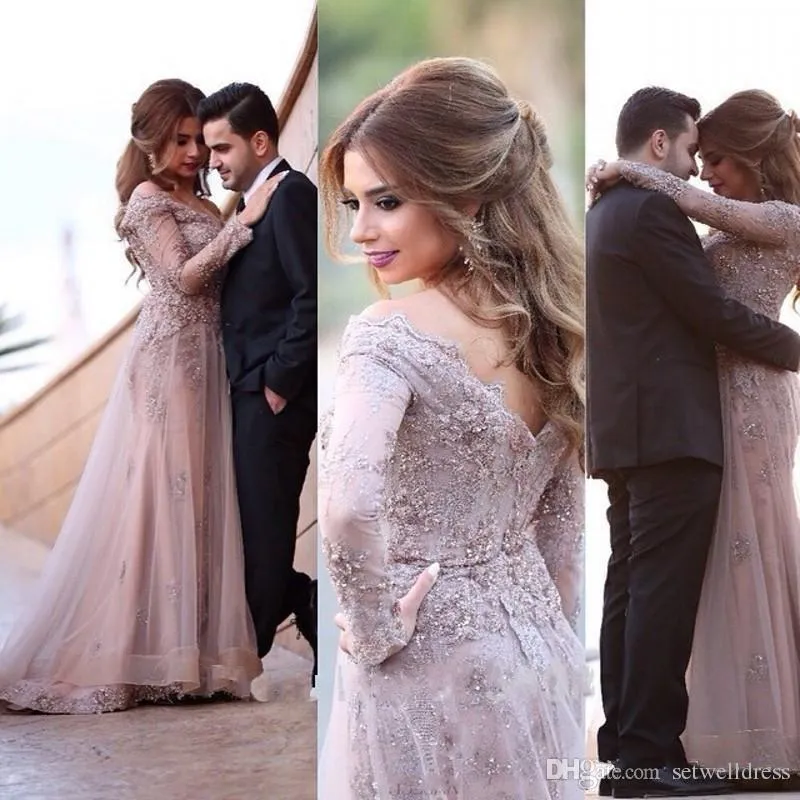 New Chic A line Off-the-shoulder Long Sleeves Tulle Appliques Prom Dresses OK991