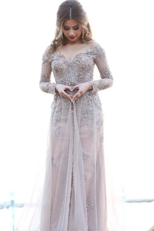 New Chic A line Off-the-shoulder Long Sleeves Tulle Appliques Prom Dresses OK991