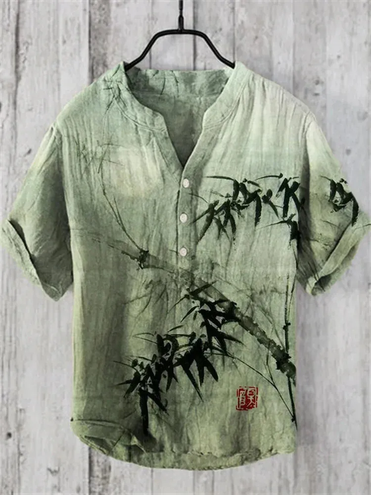 NEW Retails for $70 Men's Bamboo Forest Full Moon Night Japanese Art Print Linen Blend Shirt Sz 3X