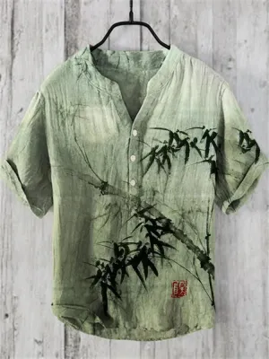 NEW Retails for $70 Men's Bamboo Forest Full Moon Night Japanese Art Print Linen Blend Shirt Sz 3X