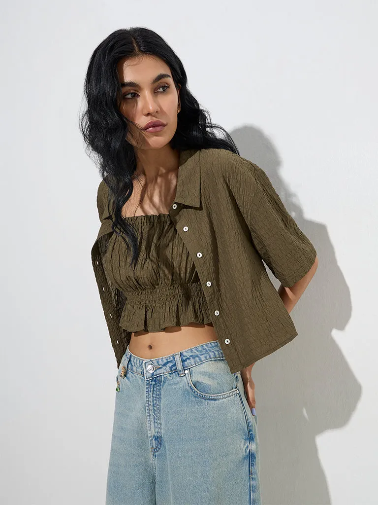 Nuon Dark Olive Smocked Cotton Top