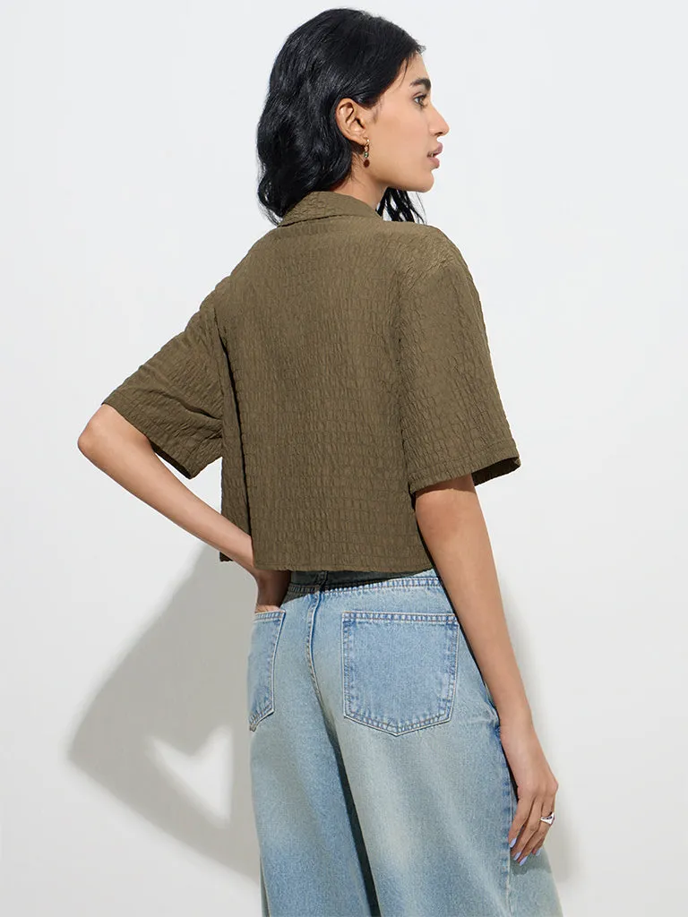 Nuon Dark Olive Smocked Cotton Top