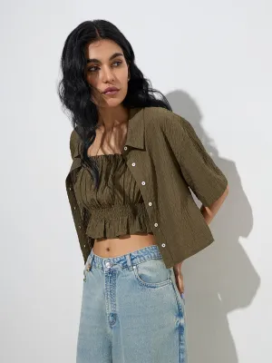 Nuon Dark Olive Smocked Cotton Top
